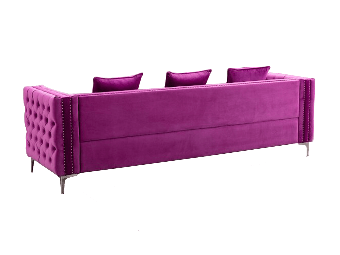 ARIA SOFA - MAGENTA - H 32" / W 104" / D 32.5" The Aria Sofa in Magenta is a velvet mid-century modern button tufted sofa with silver legs. Add this sofa for a bright pop of color for your event space. This playful sofa is deep, plush and comfortable and