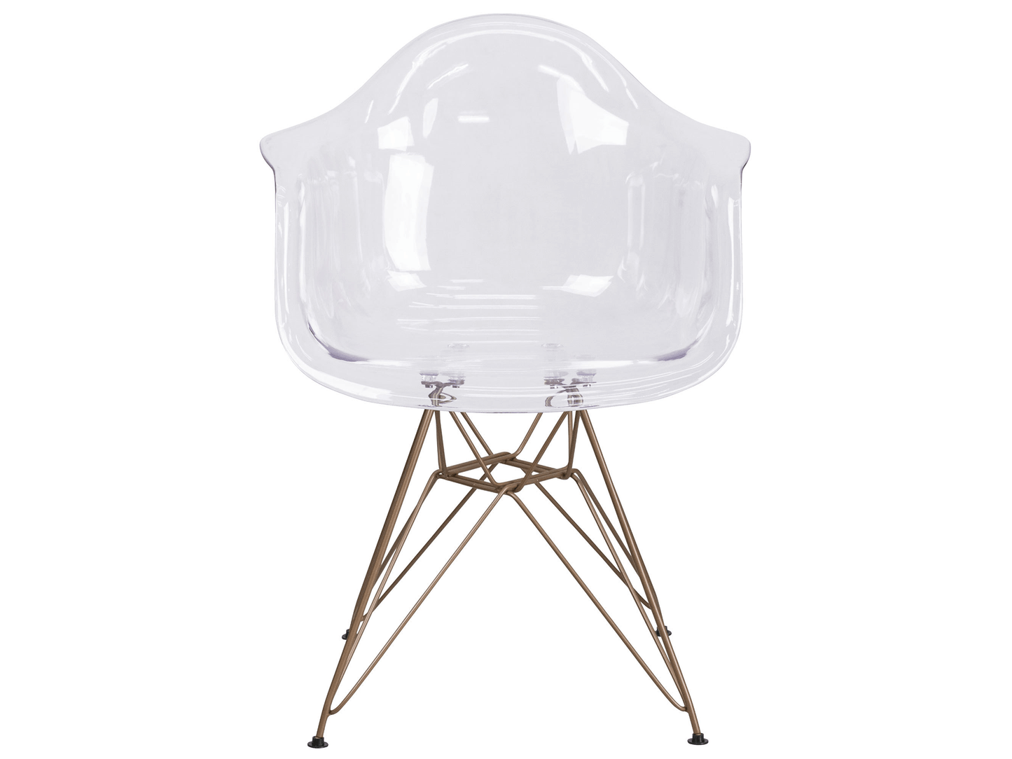 AVALON TRANSPARENT LOUNGE CHAIR - H 31.75" / W 24" / D 24" / Seat D 17" LLL's Avalon Transparent Lounge Chair is a bucket style armchair with gold legs. This chair is perfect in multiple quantities for a stage panel or a modern lounge area. The clear seat