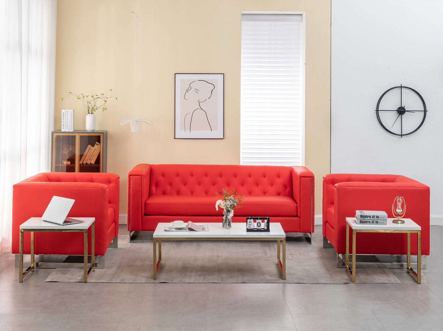 METRO CHROME ARMCHAIR - RED - H 29" / W 38" / D 34" The Metro Armchair is modern chic. This chair features a deep comfortable seat, red tufted leather and chrome accents. The Metro Armchair is an elegant seating solution perfect for any event. Add some me