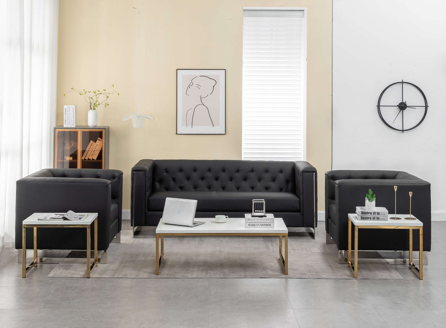 METRO CHROME SOFA - BLACK - H 29" / W 78" / D 34" The Metro Sofa is a black buttery soft leather sofa with button tufts. This sofa has chrome trim that give it a cool modern vide that will elevate your venue space and immerse your guests in comfortable st