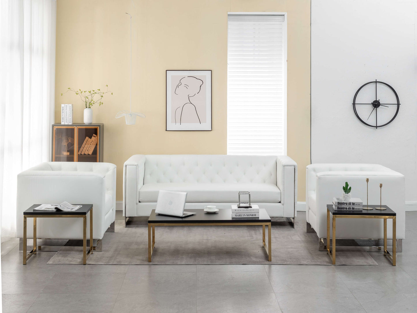 METRO CHROME ARMCHAIR - WHITE - H 29" / W 38" / D 34" The Metro Armchair is modern chic. This chair features a deep comfortable seat, white tufted leather and chrome accents. The Metro Armchair is an elegant seating solution perfect for any event. Add som