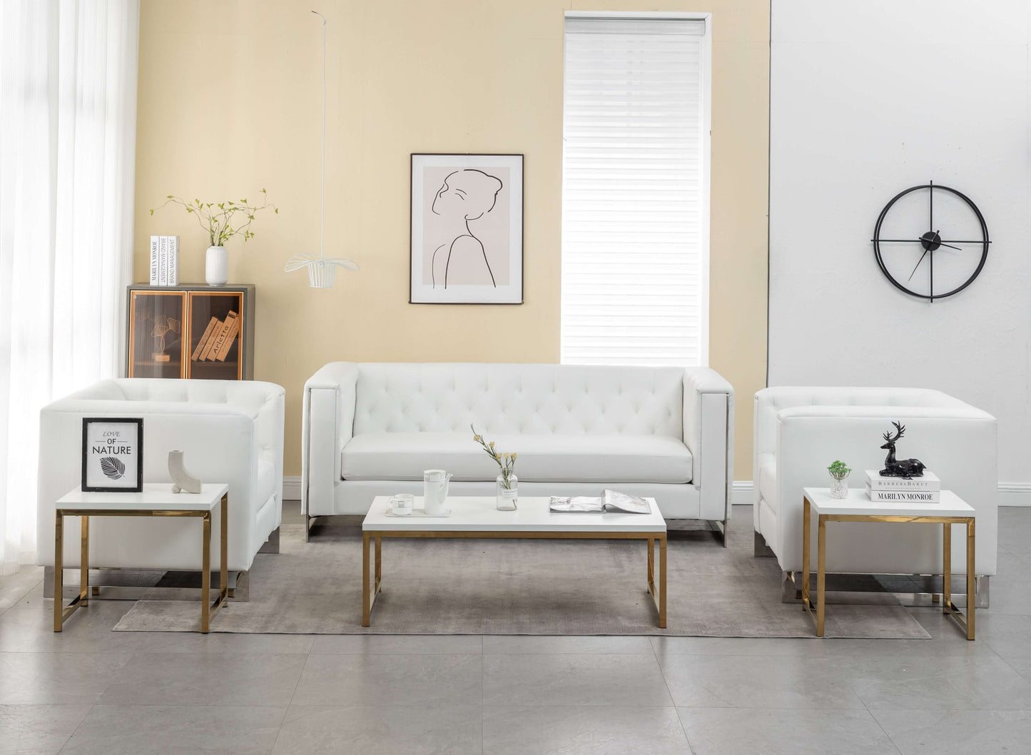 METRO CHROME SOFA - WHITE - H 29" / W 78" / D 34" The Metro Sofa is a white buttery soft leather sofa with button tufts. This sofa has chrome trim that give it a cool modern vide that will elevate your venue space and immerse your guests in comfortable st