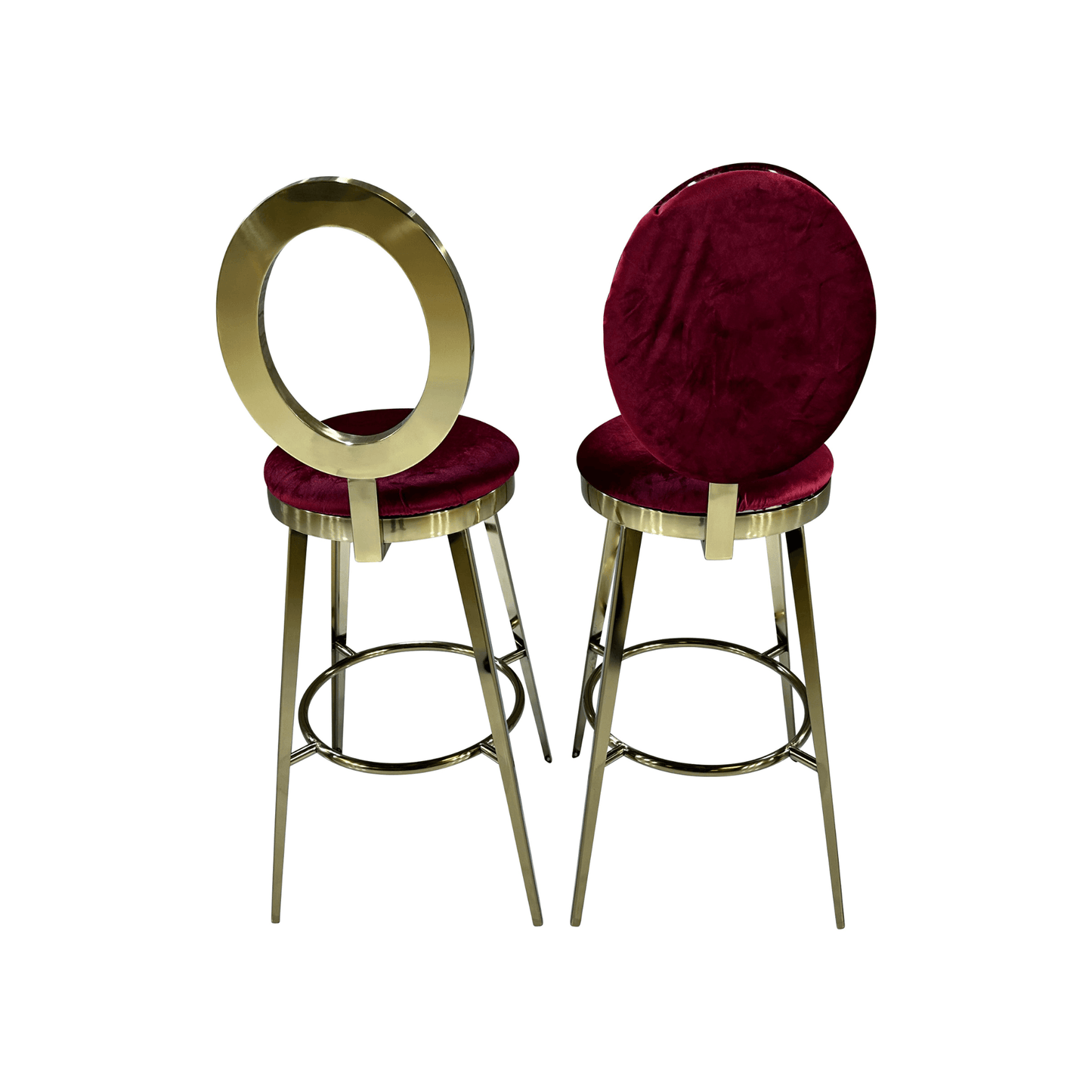 BELLAGIO BARSTOOL - GOLD W/ RUBY RED VELVET CUSHION - H 48” / W 18 1/4” / D 18 1/4”Seat Height 30”Seat Diameter 15 1/2” Elevate your party style with the gorgeous Bellagio Barstool. This barstool is a modern twist on the classic "O" back barstool. Choose