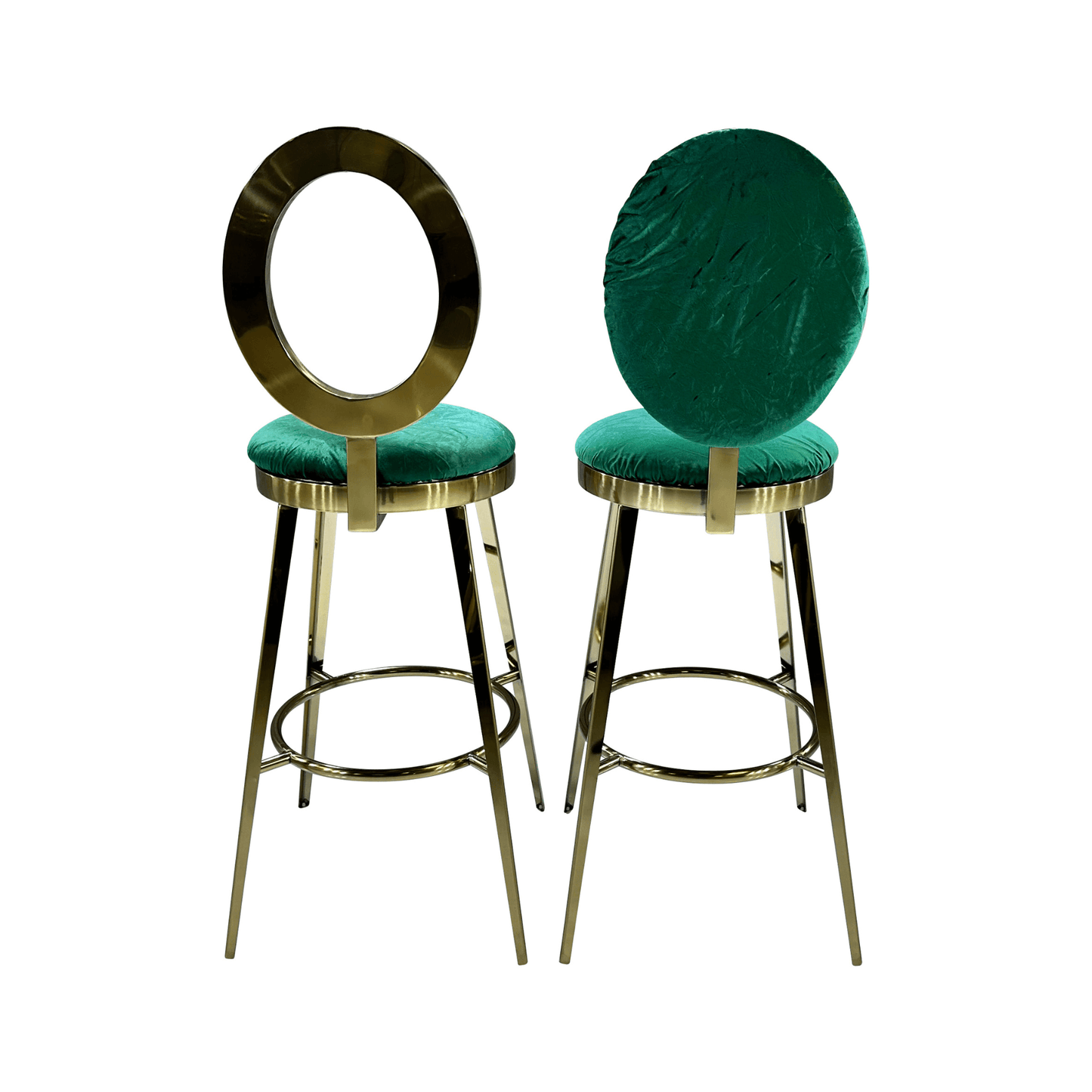 BELLAGIO BARSTOOL - GOLD W/ EMERALD VELVET CUSHION - H 48” / W 18 1/4” / D 18 1/4”Seat Height 30”Seat Diameter 15 1/2” Elevate your party style with the gorgeous Bellagio Barstool. This barstool is a modern twist on the classic "O" back barstool. Choose f