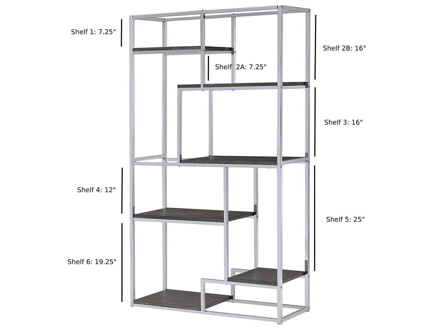 BELVEDERE DISPLAY UNIT - SILVER - H 70.25" / W 38" / D 13.25" LLL's Belvedere Display Unit in Silver is a metal shelving unit with cubby style shelves of varying sizes. This unique bookcase is ideal for displaying a variety of items and its metallic color