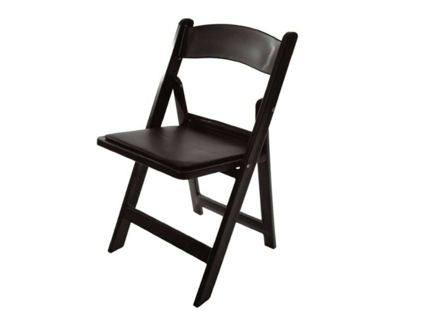 RESIN PADDED FOLDING CHAIR - BLACK - H 30.75" / W 17.5" / D 18" LLL's Resin Padded Folding Chair in Black is the perfect seating solution for both indoor and outdoor events. It is constructed of solid black resin with a black vinyl pad in the seat. This c