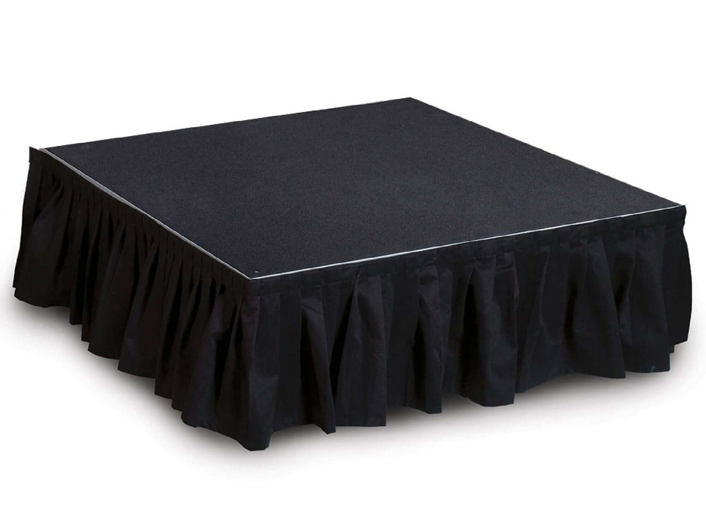 PLEATED STAGE SKIRT - BLACK - LLL's Pleated Stage Skirt is a perfect addition to your stage or event space. It's made of durable material and is designed with a black pleated finish for a classic, elegant look. Its pleats give it an extra edge and the bla