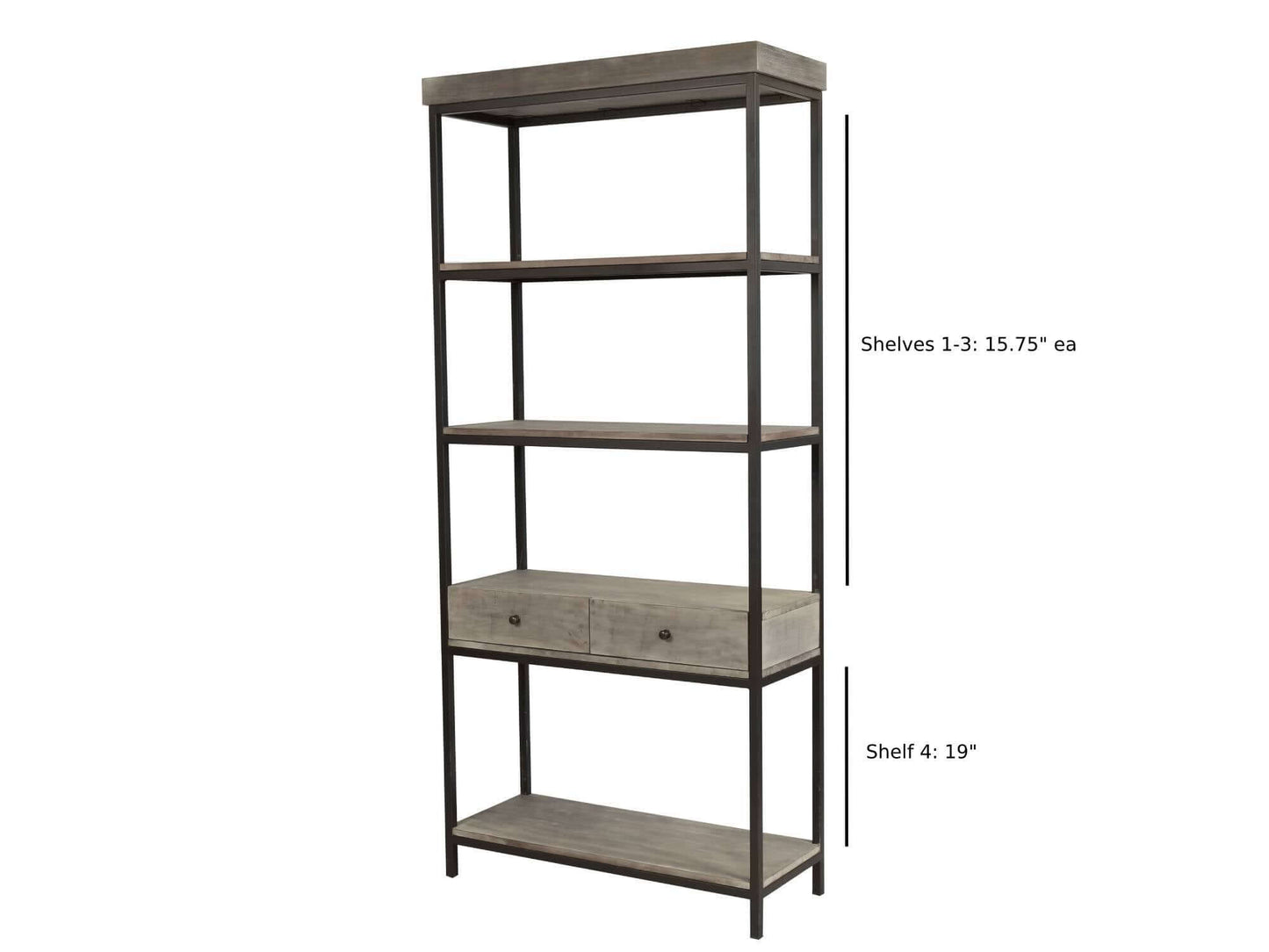 BRONX DISPLAY UNIT - H 87" / W 40" / D 16" LLL's Bronx Display Unit is a tall rustic style 4-shelf bookcase with drawers and natural wood and metal accents. This piece is versatile as it can be paired with lounge furniture in seating arrangements or place