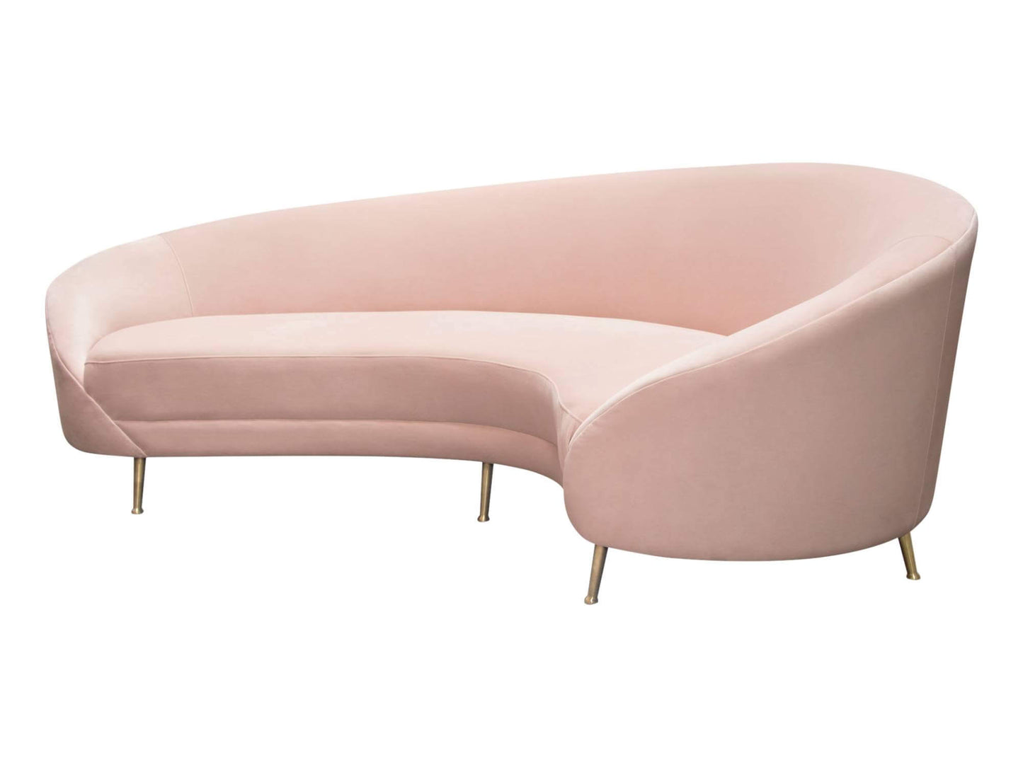 MONACO SOFA - BLUSH - H 33" / W 99" / D 51" LLL's Monaco Sofa in Blush is an asymmetrical contemporary velvet sofa with gold legs. The cool retro modern styling of this sofa is a great addition to formal events and photo shoots. Its bright and inviting co