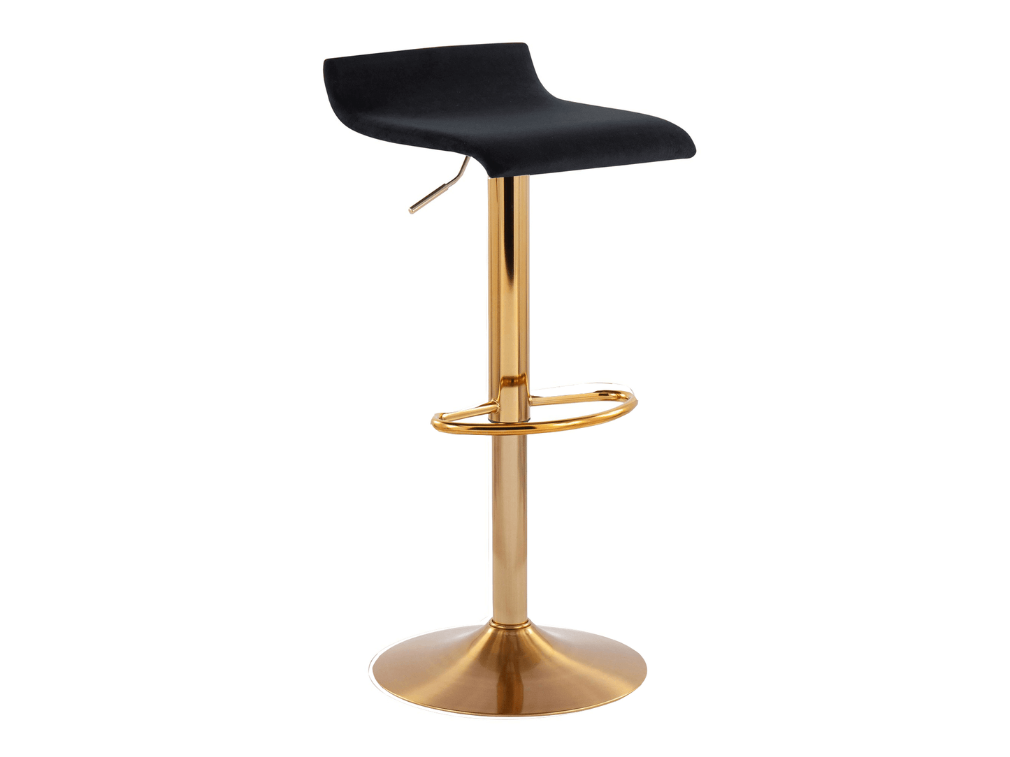 CARSON BARSTOOL - BLACK VELVET - H 26.5"-35" / W 16" / D 16" The LLL Carson Barstool in Black Velvet is an elegant low swooping back stool that adjusts from cocktail to bar height. This chic barstool features black velvet fabric and a brushed gold base. S