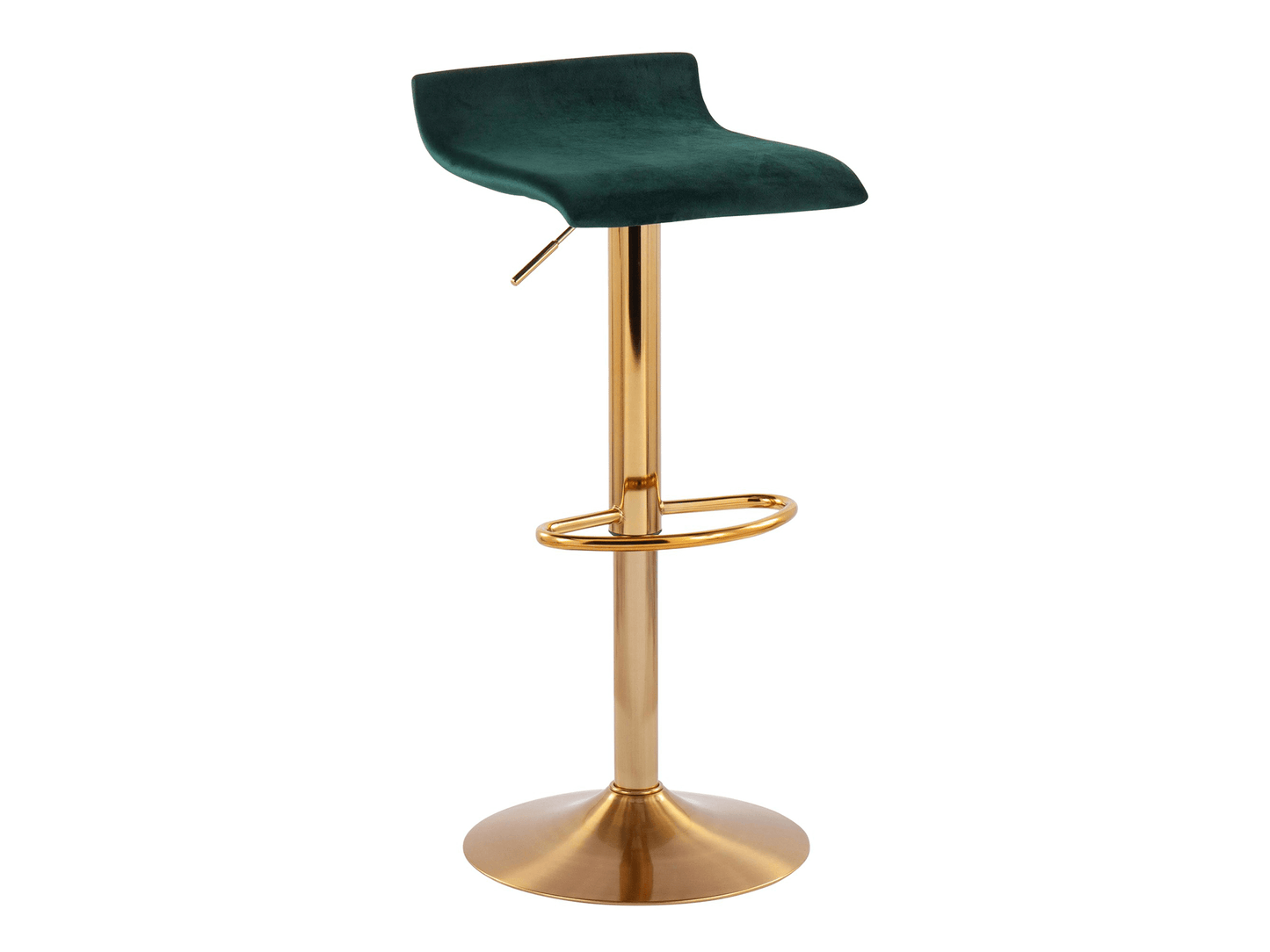 CARSON BARSTOOL - EMERALD VELVET - H 26.5"-35" / W 16" / D 16" The LLL Carson Barstool in Black Velvet is an elegant low swooping back stool that adjusts from cocktail to bar height. This chic barstool features black velvet fabric and a brushed gold base.