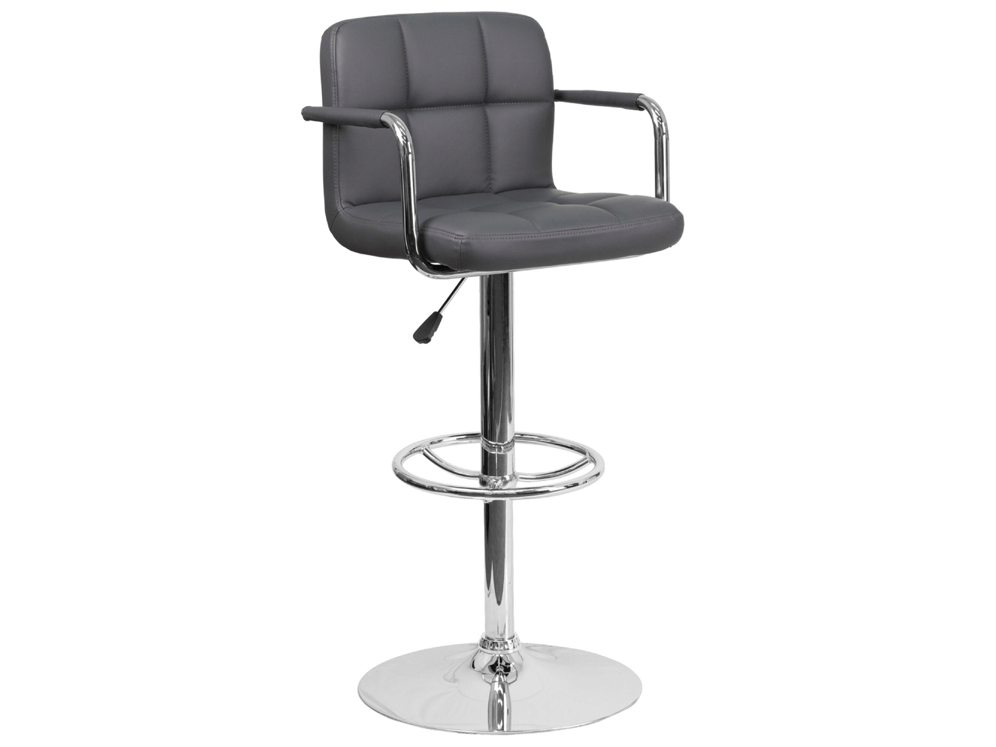 CLUB PANEL BARSTOOL - GREY - H 31-39" / W 17" / D 18" The Club Panel barstool in Grey is a contemporary adjustable barstool with comfort arms. These modern barstools are ideal for creating a sleek uniform look to any event. Great for cocktails hours, disc