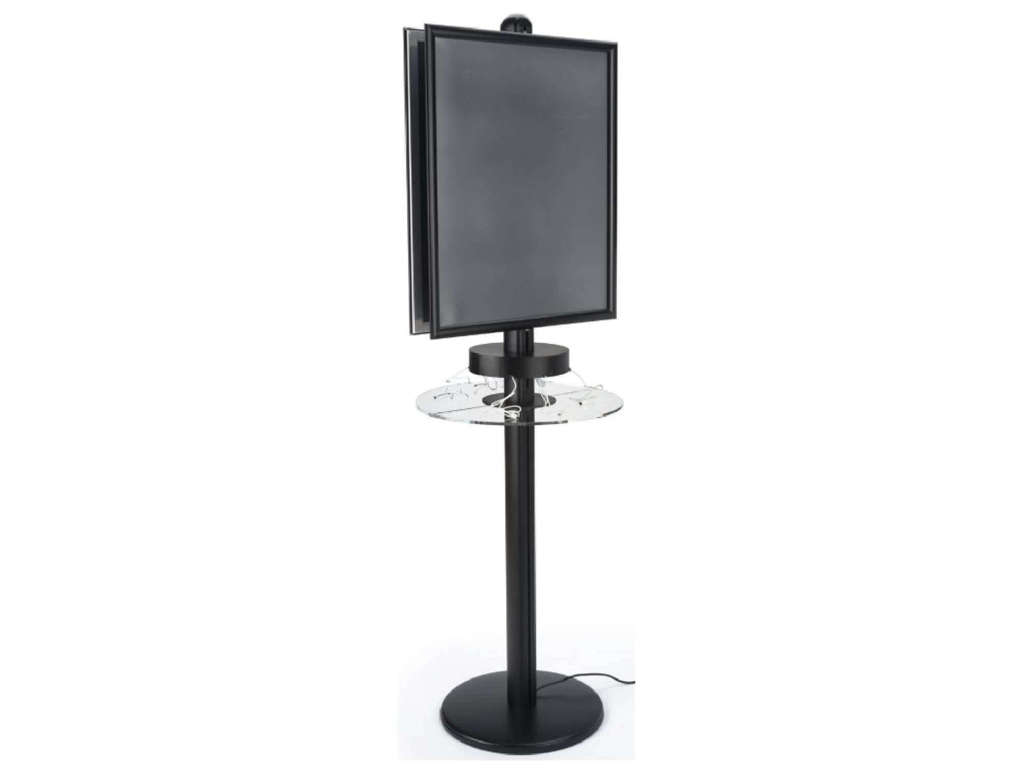 CONNECTION CHARGING KIOSK - Overall: H 75" / W 23.8" / D 21.5" Media/Poster: H 28" / W 22" LLL's Connection Charging Kiosk is a 360° charging kiosk with (2) poster slots, (6) charging cables and shelf. This display places your branding or image into the f