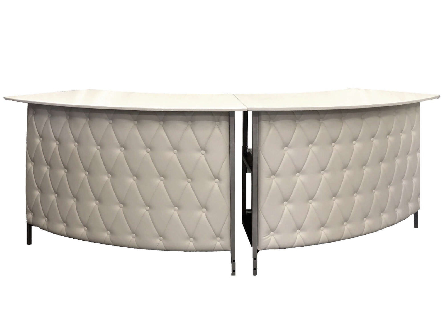 ROYALTY 12ft CRESCENT BAR - H 43" / W 144" / D 31" LLL's 12ft button tuft crescent bar is a lovely addition to any event where cocktails are served. This semi-circle bar has an upholstered leather front that is stitched in a diamond pattern with button tu
