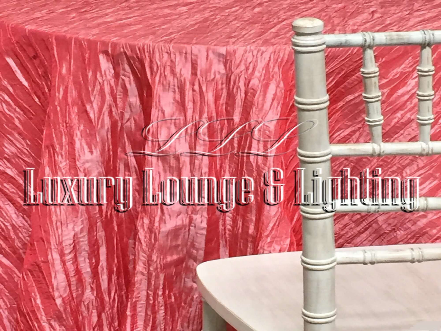 CRINKLE TAFFETA LINEN - CORAL - 132" Diameter LLL's Crinkle Taffeta Linen in Coral is a round crinkle taffeta linen designed to add a touch of bright tropical coral to your event decor.