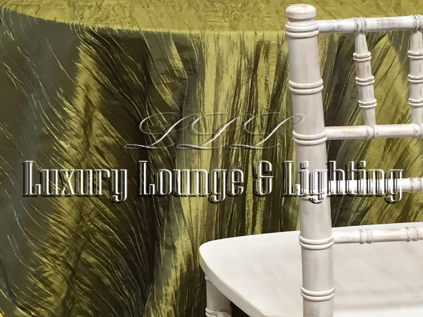CRINKLE TAFFETA LINEN - OLIVE - 132" Diameter LLL's Crinkle Taffeta Linen in Olive is a round crinkle taffeta linen designed to add a touch of earthy natural green to your event decor.