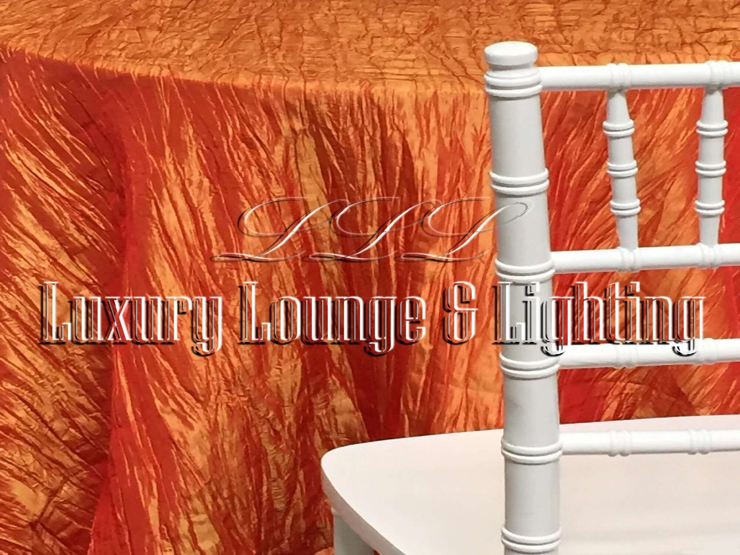 CRINKLE TAFFETA LINEN - ORANGE - 132" Diameter LLL's Crinkle Taffeta Linen in Orange is a round crinkle taffeta linen designed to add a warm pop of vibrant color to your event decor.