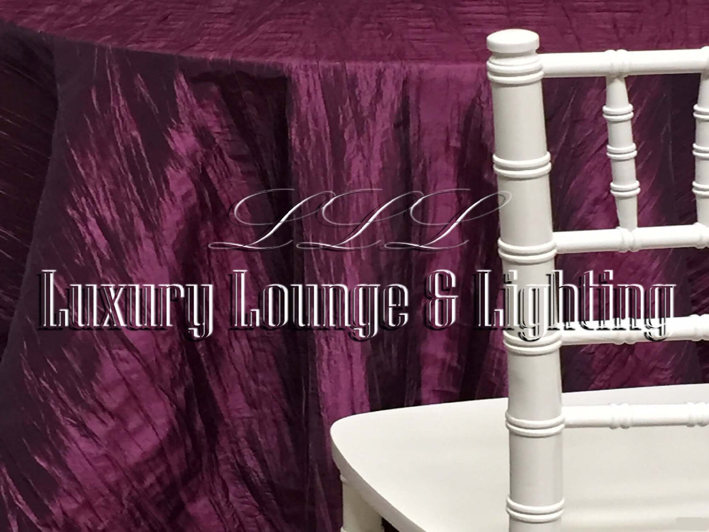 CRINKLE TAFFETA LINEN - PLUM - 132" Diameter LLL's Crinkle Taffeta Linen in Plum is a round crinkle taffeta linen designed to add a touch of deep reddish-purple to your event decor.