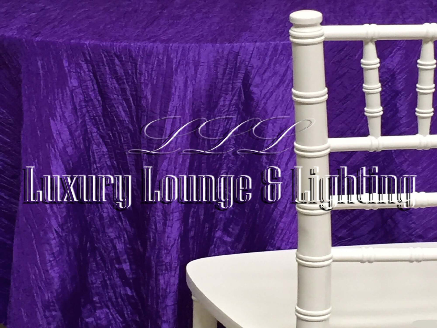 CRINKLE TAFFETA LINEN - PURPLE - 132" Diameter LLL's Crinkle Taffeta Linen in Purple is a round crinkle taffeta linen designed to add a touch of rich regal purple to your event decor.