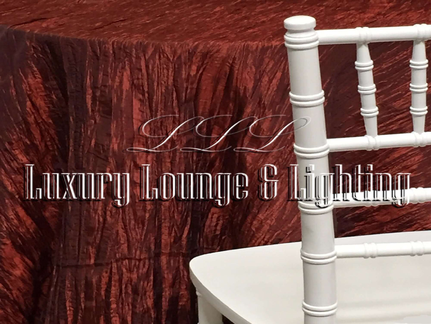 CRINKLE TAFFETA LINEN - RUST - 132" Diameter LLL's Crinkle Taffeta Linen in Rust is a round crinkle taffeta linen designed to add a touch of rich reddish brown to your event decor.