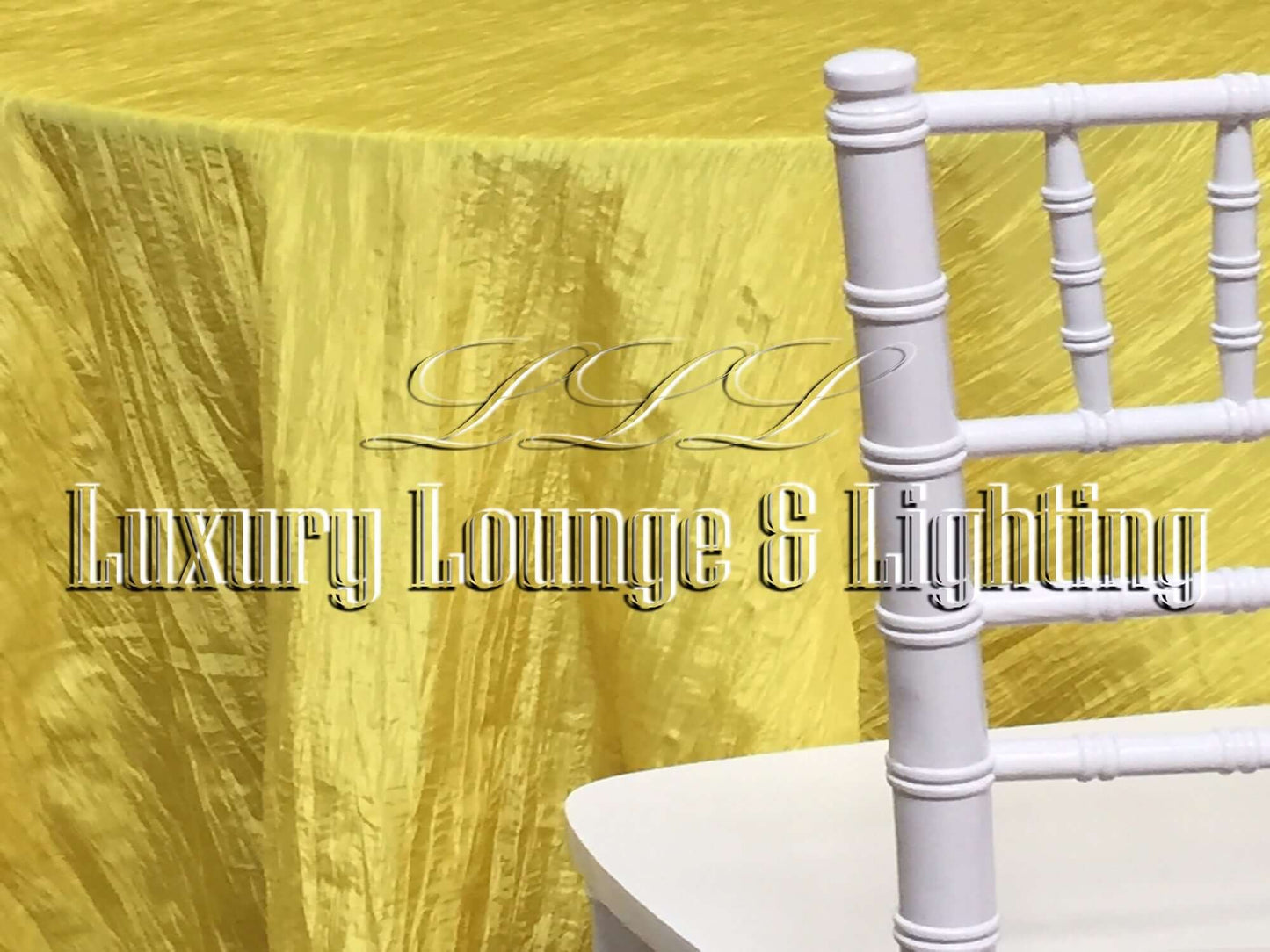 CRINKLE TAFFETA LINEN - YELLOW - 132" Diameter LLL's Crinkle Taffeta Linen in Yellow is a round crinkle taffeta linen designed to add a pop of bright sunny yellow to your event decor.