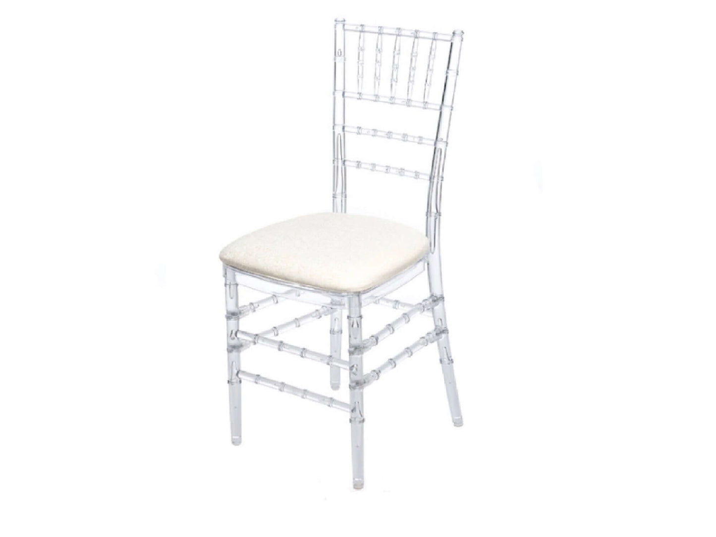CHIAVARI CHAIR - CRYSTAL ICE - H 36.25" / W 15.75" / D 18" LLL's Chiavari Chair in Crystal Ice is a traditional chiavari style dining chair that is transparent. This chair is made of durable clear resin that allows light to shine through the chair and add