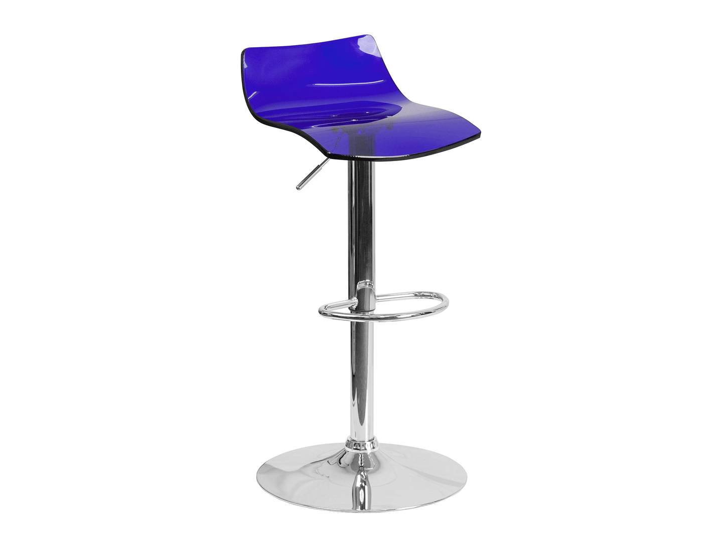 CRYSTALLINE BARSTOOL - SAPPHIRE - H 31-39" / W 17" / D 18" The Sapphire Ice barstool is a modern acrylic barstool with chrome base. This unique stool has a rich sapphire blue transparent seat that will add a splash of color to your event. This seat is a s