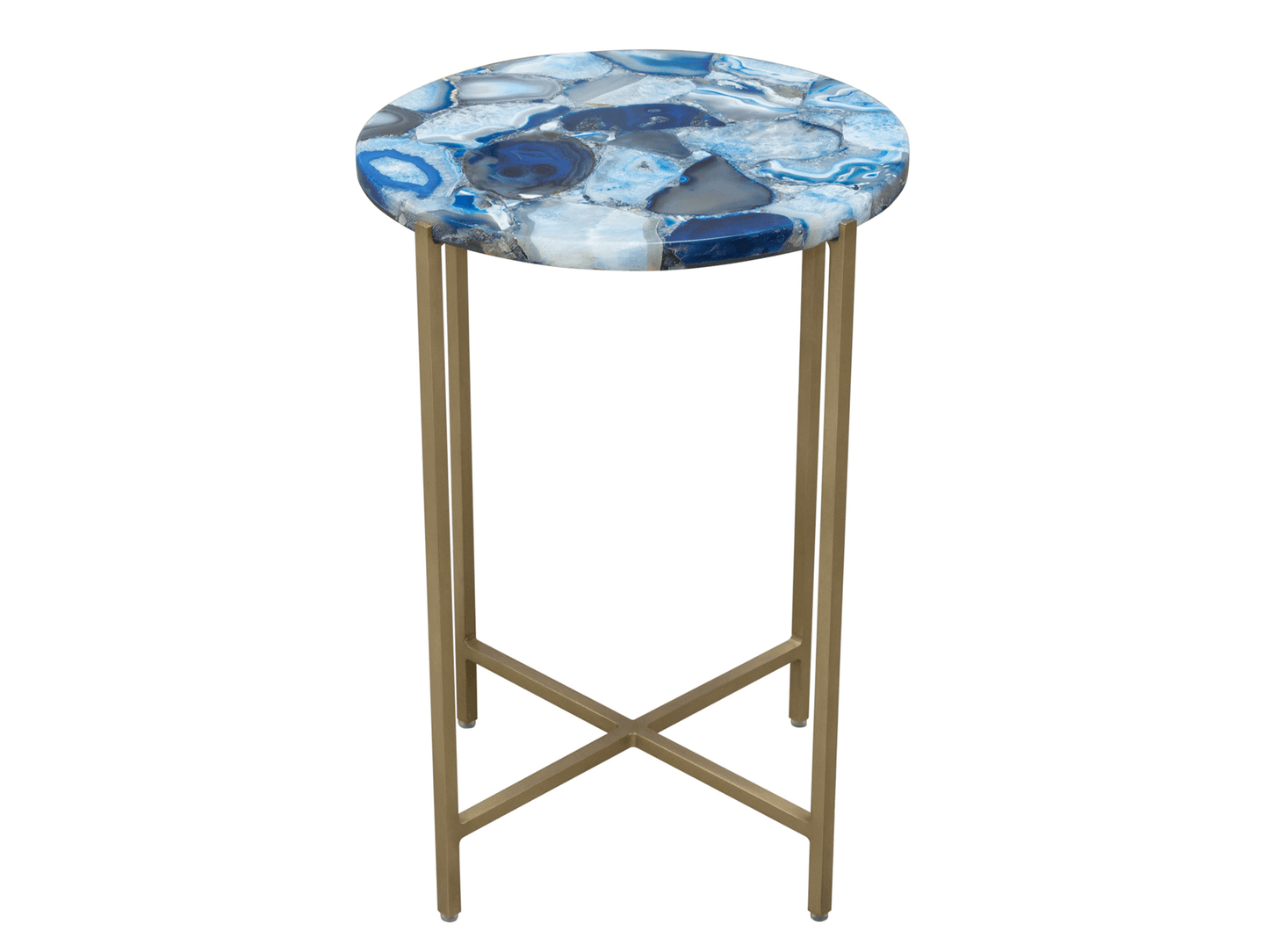 EDEN ACCENT TABLE - BLUE - H 20" / W 14" / D 14" Elevate your party with the modern world elegance and natural beauty. The LLL Eden Accent Table in Blue features the perfect blend of real blue toned Agate gemstone accentuated with a gold metallic base. It