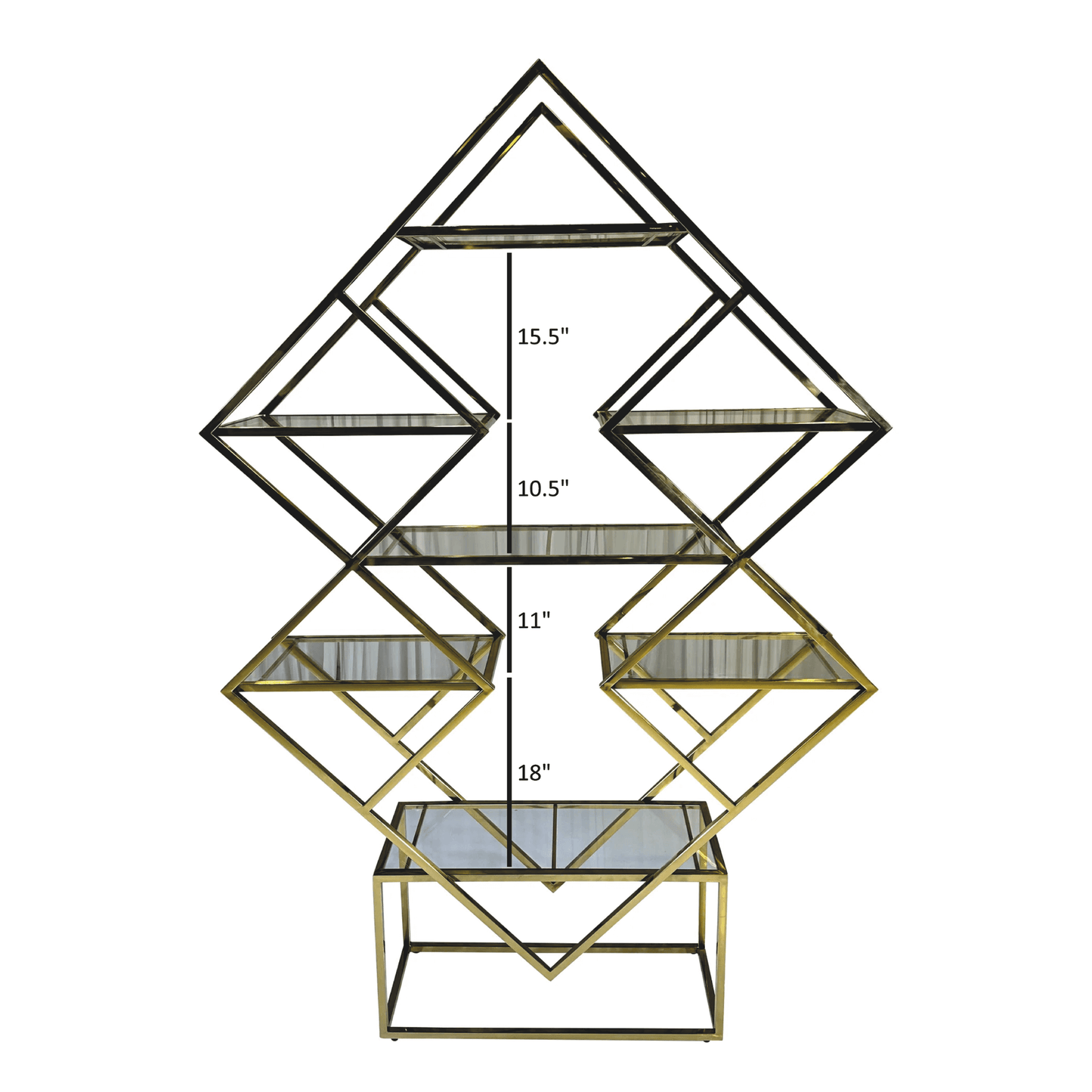 EVEREST DISPLAY UNIT - GOLD - H 89.25" / W 59" / D 16" The Everest Display Unit in Gold is an art deco inspired five tier gold shelving unit. Unlike other display units this piece is sure to get noticed standing at 89.25" tall. Its unique pyramid mountain