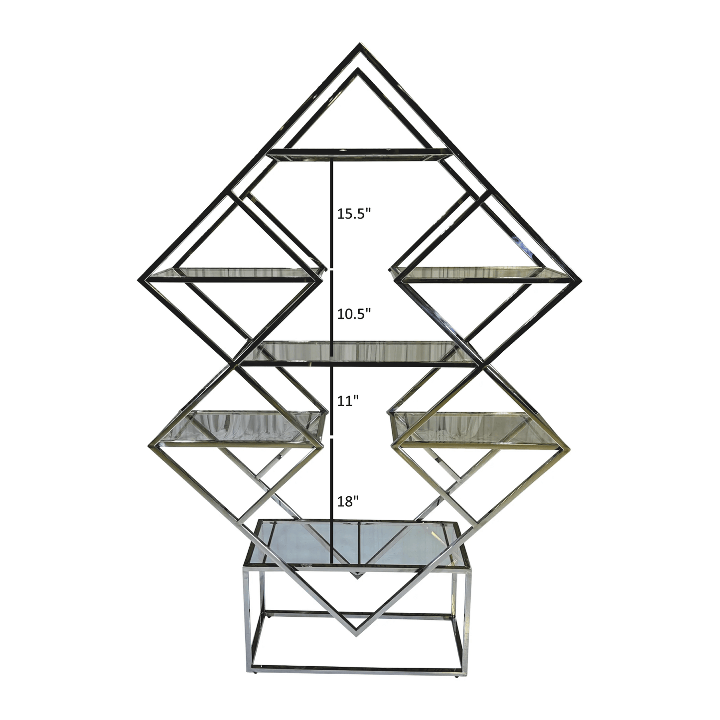 EVEREST DISPLAY UNIT - SILVER - H 89.25" / W 59" / D 16" The Everest Display Unit in Silver is an art deco inspired five tier silver shelving unit. Unlike other display units this piece is sure to get noticed standing at 89.25" tall. Its unique pyramid mo