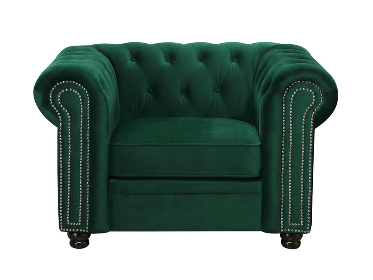 GATSBY ARMCHAIR - EMERALD - H 31'' / W 48'' / D 35'' LLL's Gatsby Armchair in Emerald is a chesterfield sofa with button tufting throughout the back. The nailhead trim is the detail that draws attention and brings a level of sophistication to any lounge a