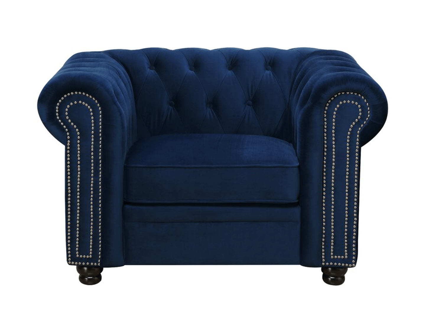 GATSBY ARMCHAIR - NAVY - H 31'' / W 48'' / D 35'' LLL's Gatsby Armchair in Navy is a chesterfield sofa with button tufting throughout the back. The nailhead trim is the detail that draws attention and brings a level of sophistication to any lounge area.