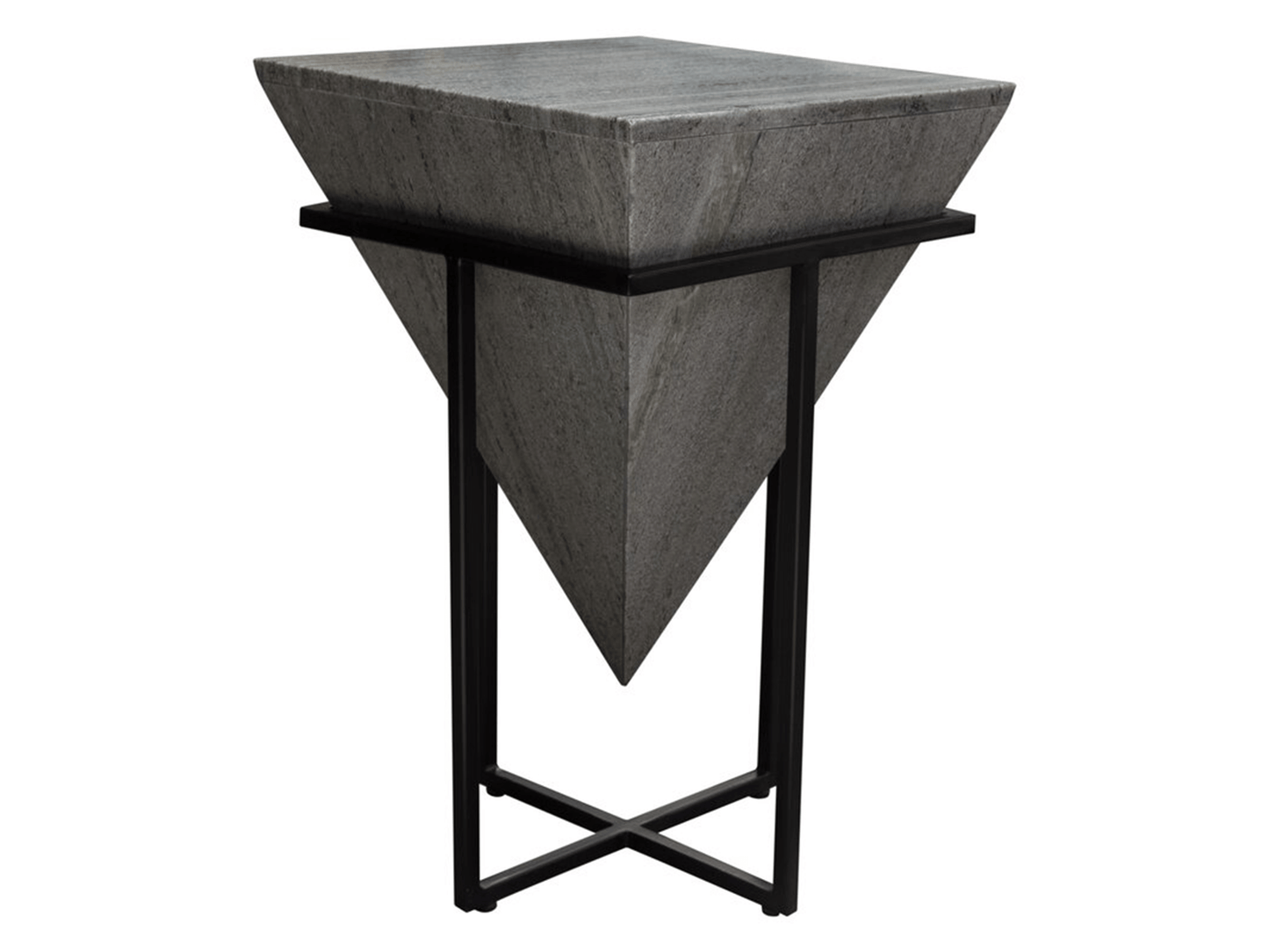 GEMSTONE ACCENT TABLE - GREY - H 23'' / W 15'' / D 15'' The Gemstone Accent Table in Grey is a contemporary rustic side table designed to add distinct style touches to your event design. This table has a black matte frame with a grey stone pyramid insert.