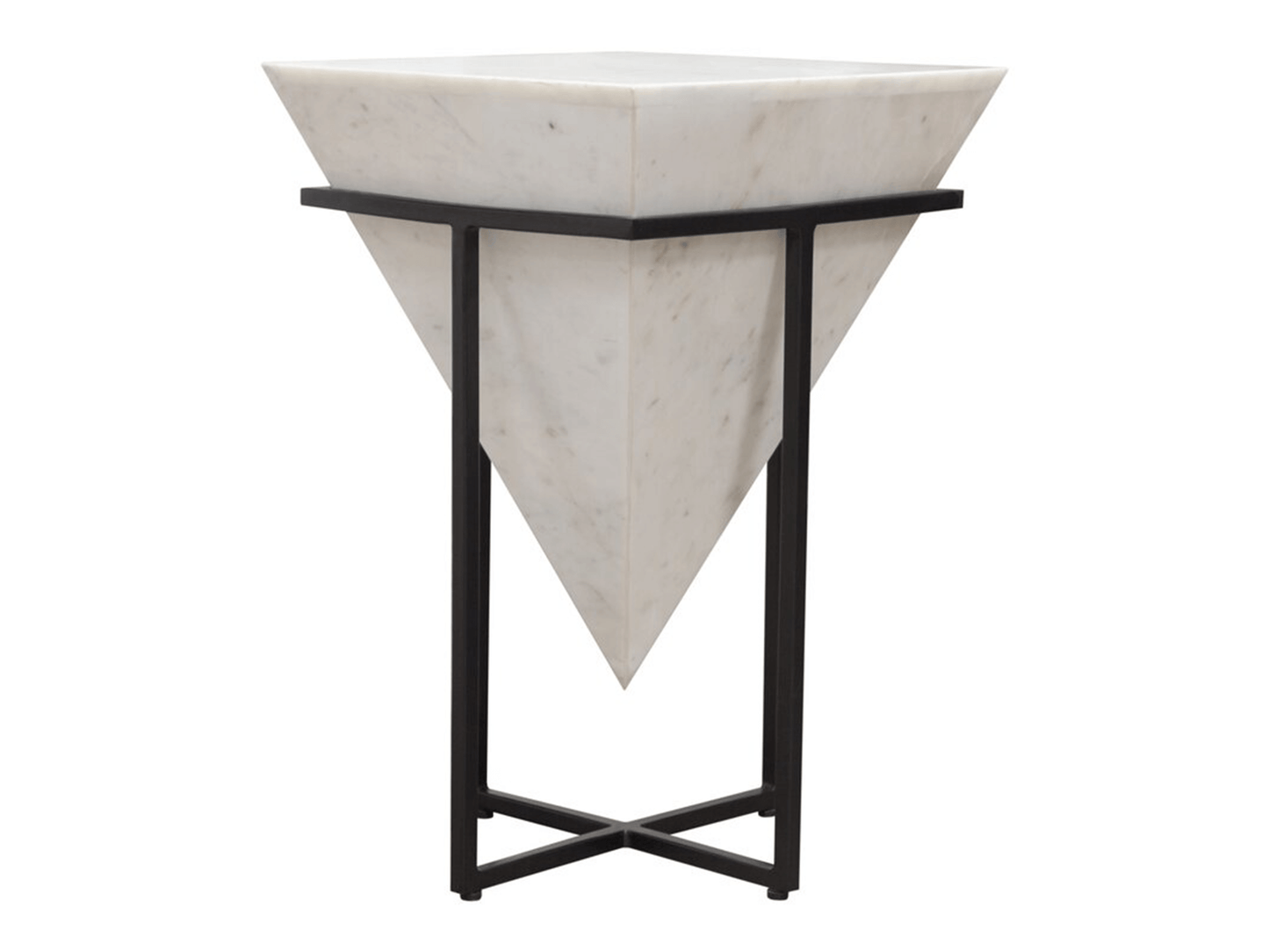GEMSTONE ACCENT TABLE - WHITE - H 23'' / W 15'' / D 15'' The Gemstone Accent Table in White is a contemporary rustic side table designed to add distinct style touches to your event design. This table has a black matte frame with a white marble-print stone