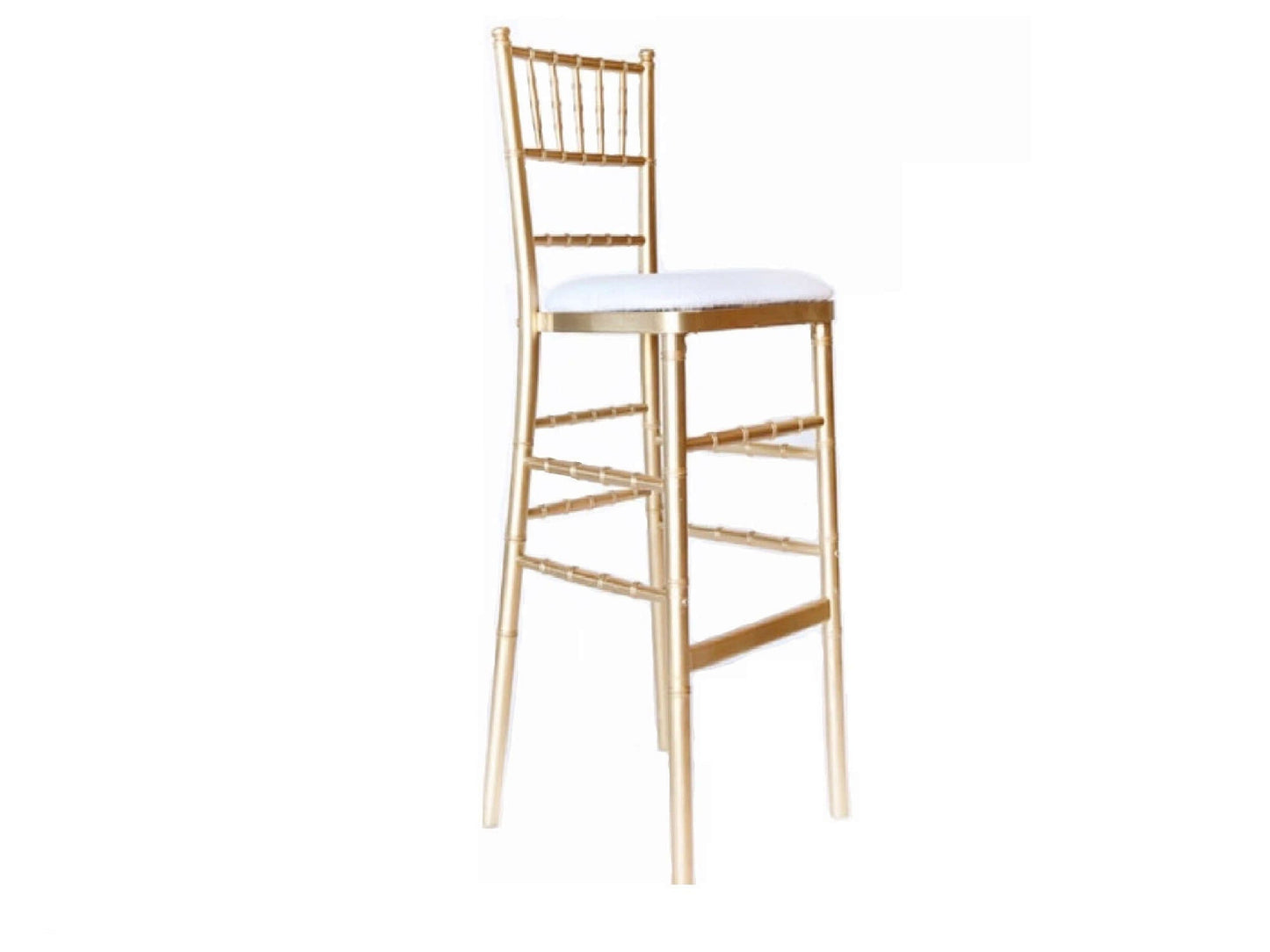CHIAVARI BARSTOOL - GOLD - H 45" / W 18" / D 18" LLL's Chiavari Barstool in Gold is a bar height stool styled to resemble traditional Chiavari dining chairs. It has a rich metallic gold finish that is beautifully elegant in any venue space.