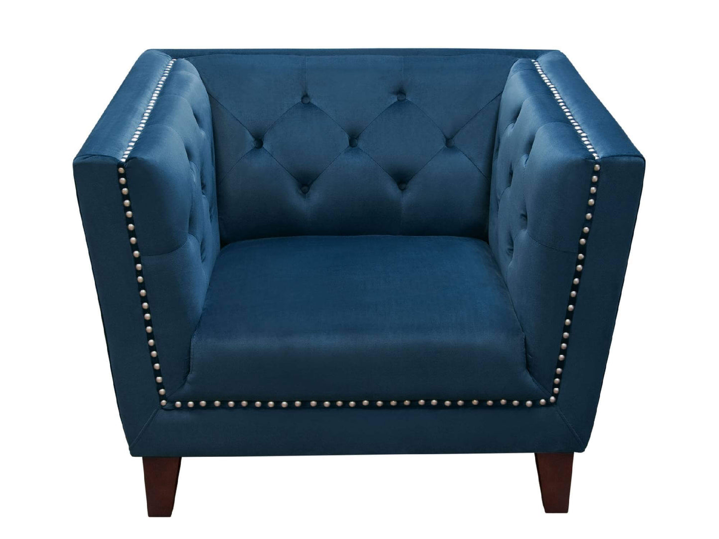 HAMILTON ARMCHAIR - BLUE - H 35" / W 40" / D 30" LLL's Hamilton Armchair is a crushed velvet mid century modern chair. Its rich blue color, silver studs, rich wooden legs and button tufts are breathtaking. This stylish armchair is a show piece designed t