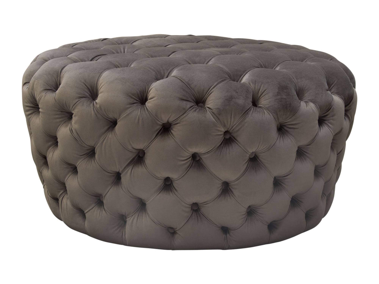 HOLLYWOOD OTTOMAN - DUSK GREY - H 18" / 36" Diameter Lights! Camera! Action! LLL's Hollywood Ottoman in Dusk Grey is a plush grey velvet button tufted ottoman. This ottoman is soft and luxurious while exuding the classic glamour of the silver screen. Its
