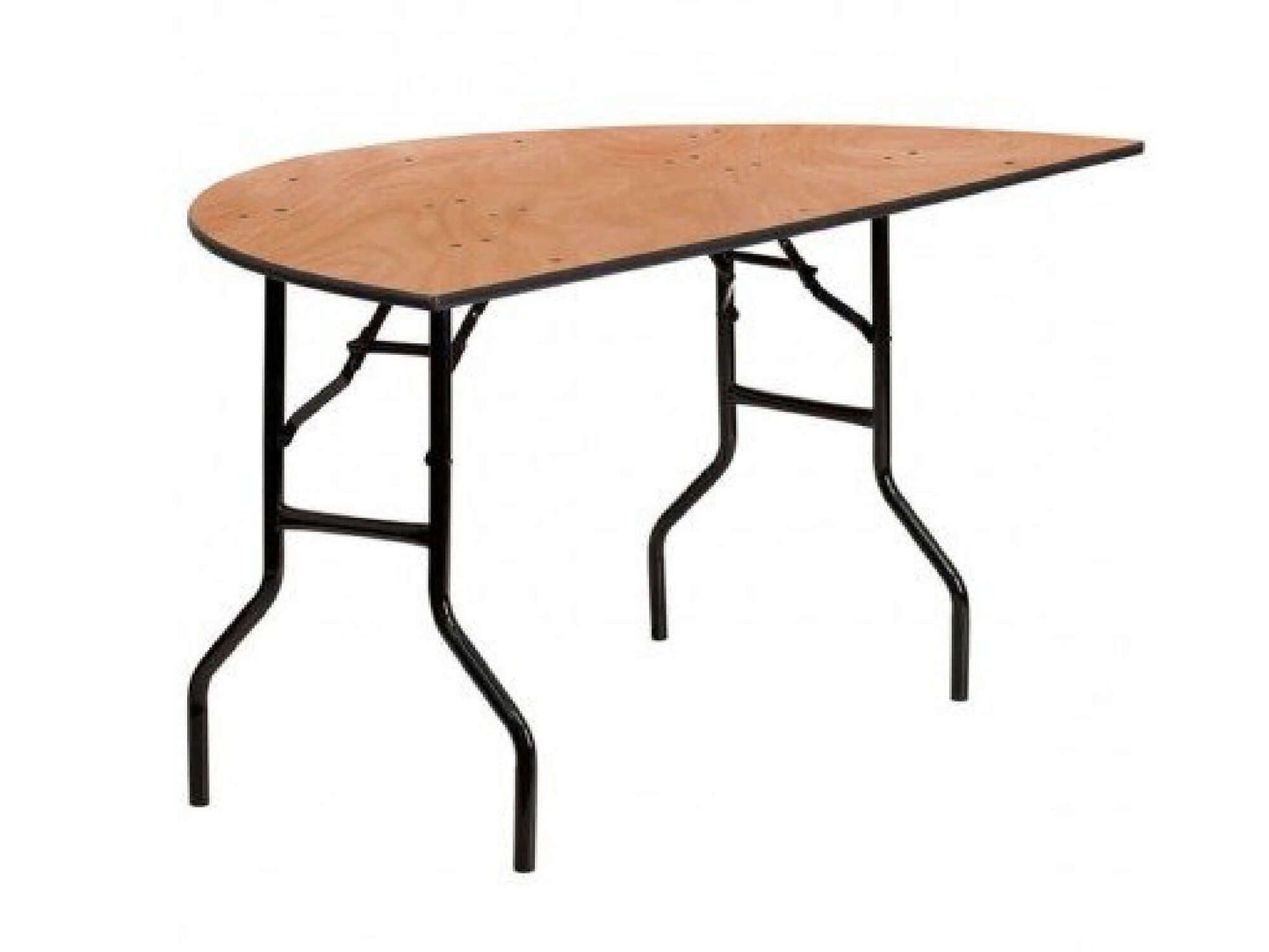 HALF MOON TABLE | 40" - H 30" / 40" Diameter Half circle natural wood table with collapsible legs. This table is great for venues with limited space as it can be aligned flush with walls while still providing necessary surface area.