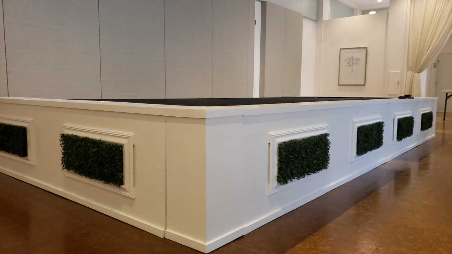 STAGE FAÇADE | WHITE | HEDGE - Available in: W 4' / H 25" / D 11" W 8' / H 25" / D 11" LLL's Stage Facade | White | Hedge is the perfect combination for an elevated stage experience. The white stage facade creates a professional look and feel, while the h