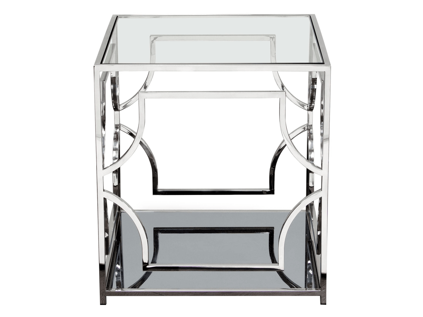 HOLLYWOOD ACCENT TABLE - H 22'' / W 22'' / D 24'' The Hollywood Accent Table is a silver glass top side table that adds the glamor of the silver screen to any event design. This table features a classic Art Deco design dripped in a high shine chrome that