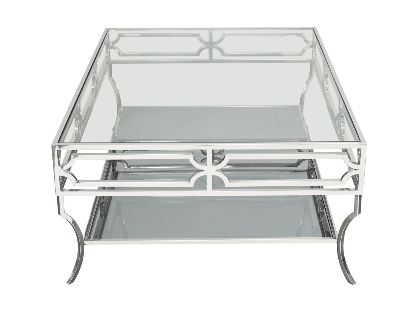 HOLLYWOOD COFFEE TABLE - H 18'' / W 50'' / W 35'' The Hollywood Coffee Table in a low profile silver glass top table. This coffee table has a high chrome Art Deco design making it a classic beauty that adds shine to any lounge space. Its timeless elegance
