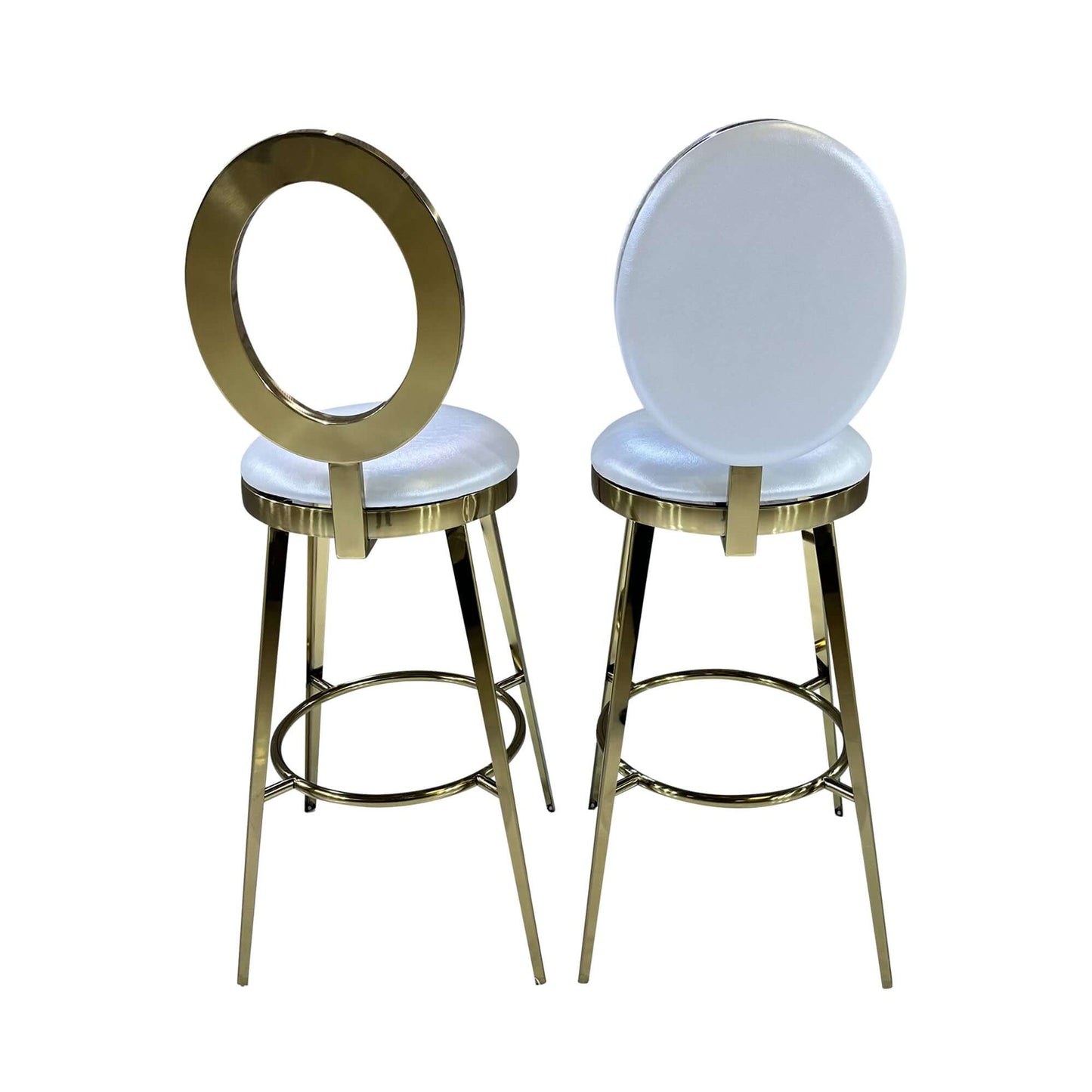BELLAGIO BARSTOOL - GOLD W/ IVORY LEATHER CUSHION - H 48” / W 18 1/4” / D 18 1/4”Seat Height 30”Seat Diameter 15 1/2” Elevate your party style with the gorgeous Bellagio Barstool. This barstool is a modern twist on the classic "O" back barstool. Choose fr