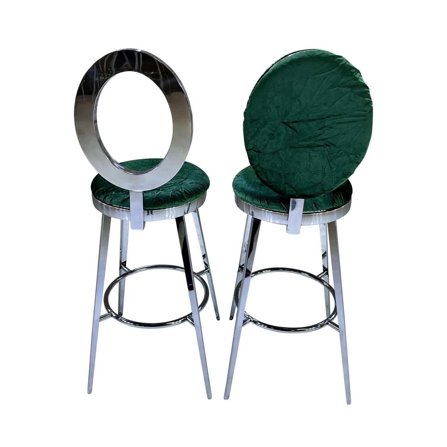 BELLAGIO BARSTOOL - SILVER W/ EMERALD VELVET CUSHION - H 48” / W 18 1/4” / D 18 1/4”Seat Height 30”Seat Diameter 15 1/2” Elevate your party style with the gorgeous Bellagio Barstool. This barstool is a modern twist on the classic "O" back barstool. Choose