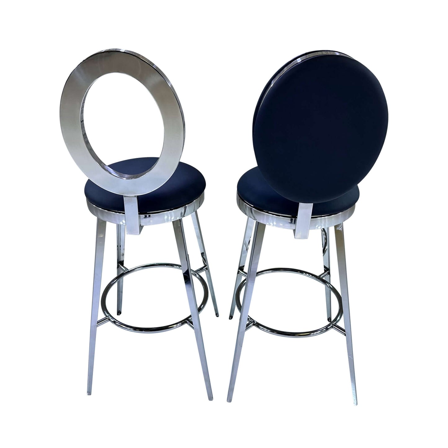 BELLAGIO BARSTOOL - SILVER W/ BLACK LEATHER CUSHION - H 48” / W 18 1/4” / D 18 1/4”Seat Height 30”Seat Diameter 15 1/2” Elevate your party style with the gorgeous Bellagio Barstool. This barstool is a modern twist on the classic "O" back barstool. Choose