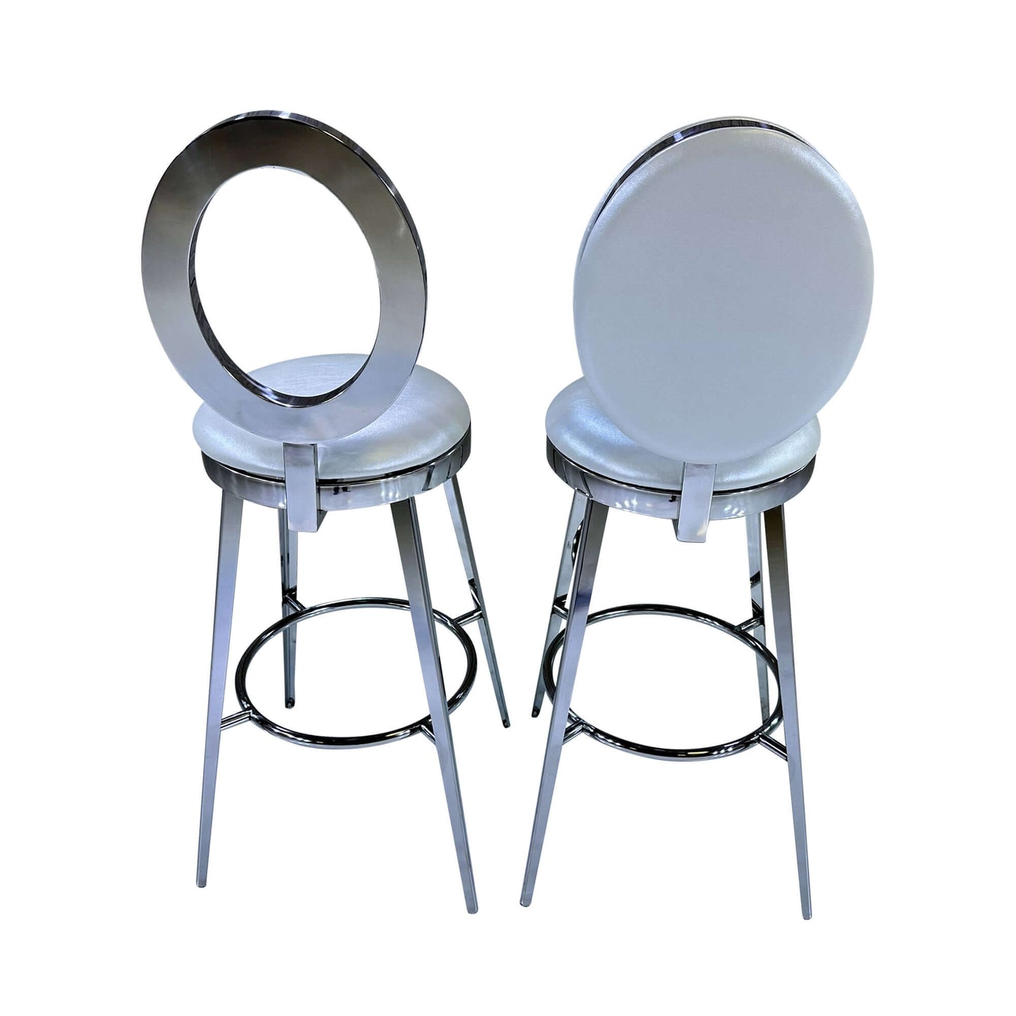 BELLAGIO BARSTOOL - SILVER W/ IVORY LEATHER CUSHION - H 48” / W 18 1/4” / D 18 1/4”Seat Height 30”Seat Diameter 15 1/2” Elevate your party style with the gorgeous Bellagio Barstool. This barstool is a modern twist on the classic "O" back barstool. Choose