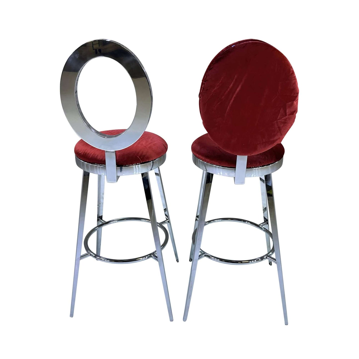 BELLAGIO BARSTOOL - SILVER W/ RUBY RED VELVET CUSHION - H 48” / W 18 1/4” / D 18 1/4”Seat Height 30”Seat Diameter 15 1/2” Elevate your party style with the gorgeous Bellagio Barstool. This barstool is a modern twist on the classic "O" back barstool. Choos