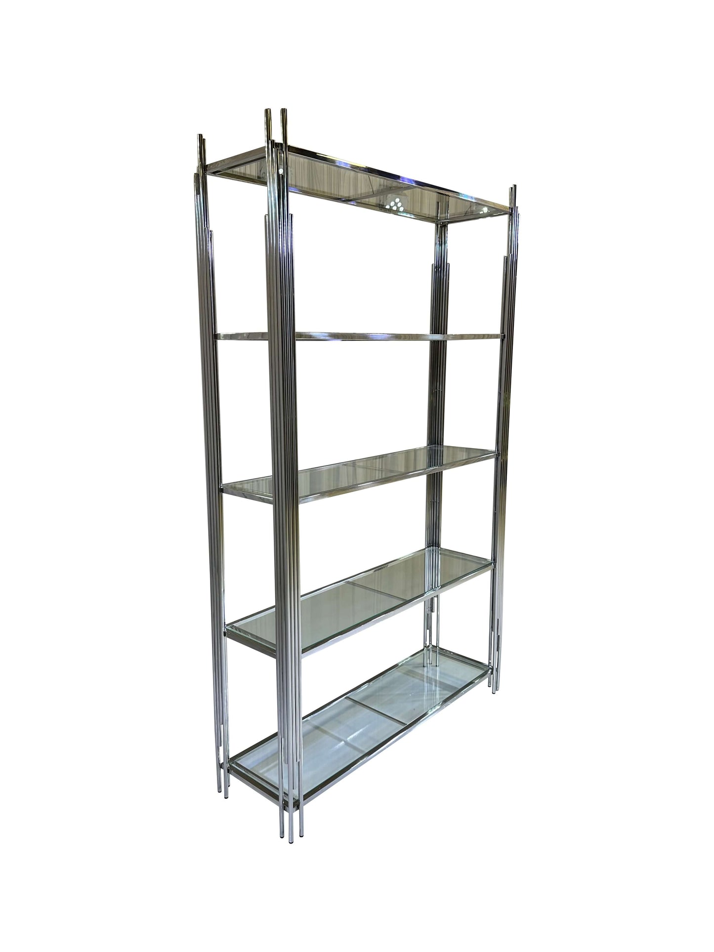 MIRAGE DISPLAY UNIT - SILVER - H 90" / W 55" / D 16" | Shelf Height 19.5" The LLL Mirage Display Unit in Silver is sure to add that extra wow factor to your party. Made from polished silver metal, this shelf unit will add beauty and elegance to any space.