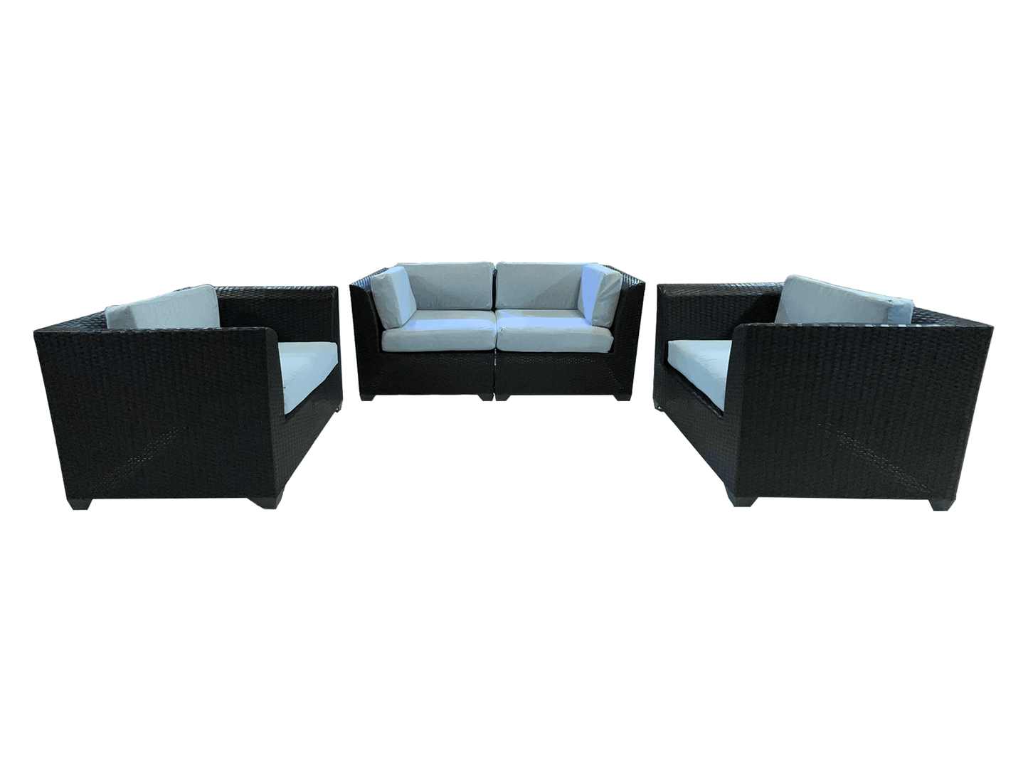 IBIZA 4PC LOUNGE SET - ~Cushions available in two colors~ Armchair H 29" / W 39" / Seat Depth 22.5" 2pc Sofa H 29.5" / W 70" / Seat Depth 23" LLL's 4-piece Ibiza lounge set is the perfect outdoor seating for your patio or lawn. Enjoy a comfortable outdoor