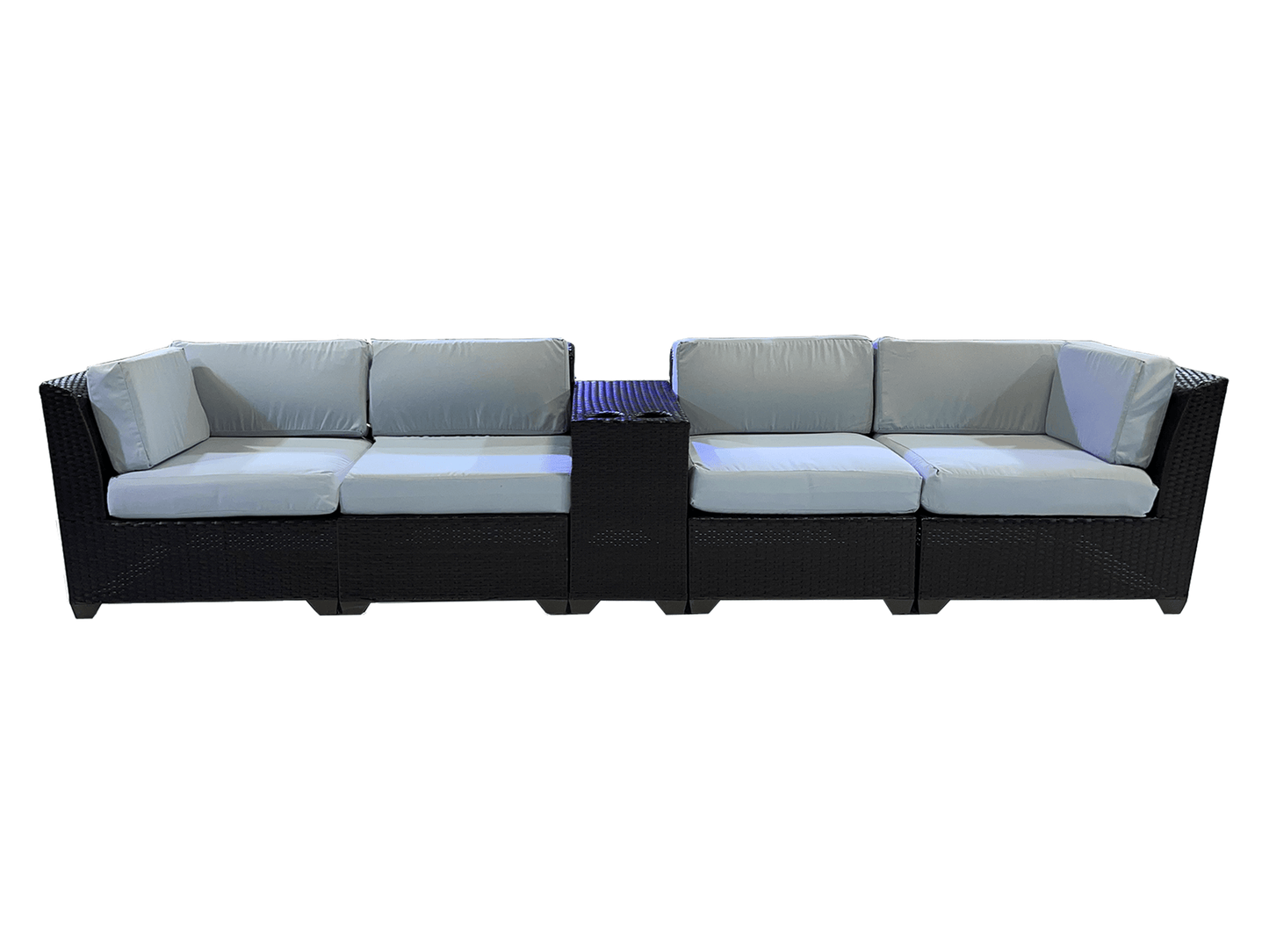 IBIZA 5PC LOUNGE SET - ~Cushions available in two colors~ H 29.5" / W 141" / Seat Depth 23" LLL's 5-piece Ibiza outdoor lounge set comes complete with cushioned seating for superior comfort. The heavy-duty fabrics are designed to withstand the elements an