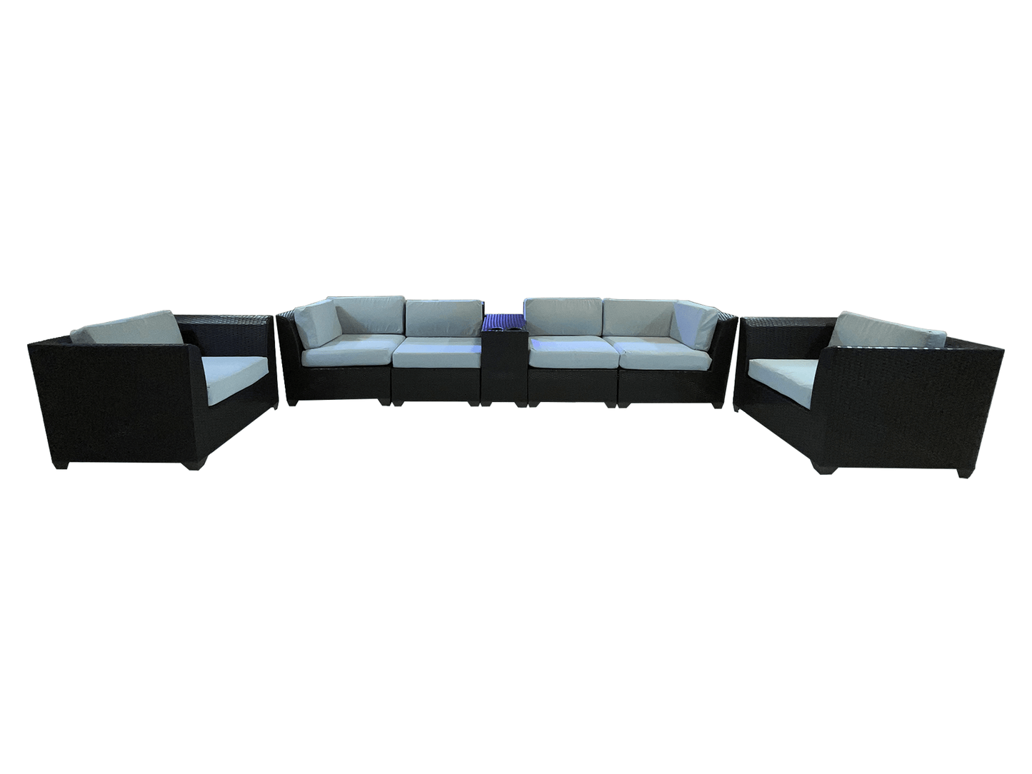 IBIZA 7PC LOUNGE SET - ~Cushions available in two colors~ 5pc H 29.5" / W 141" / Seat Depth 23" Armchair H 29" / W 39" / Seat Depth 22.5" LLL's Ibiza 7PC lounge set is the perfect outdoor furniture set for your balcony or outdoor space. This set includes